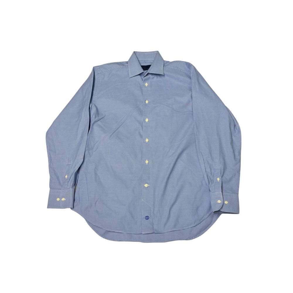 David Donahue Mens Blue Gingham Dress Shirt Size 16 34 35 100 Cotton